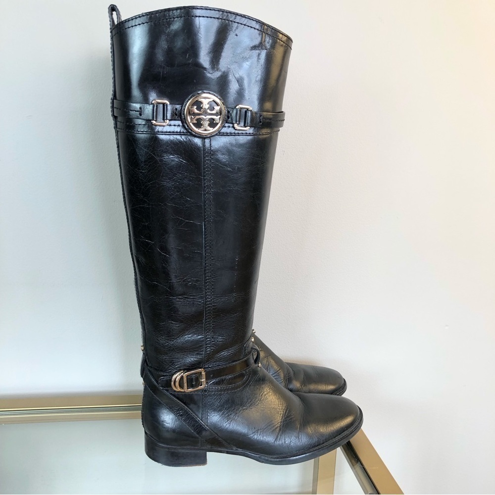 Tory Burch Calista black leather tall riding boots gold TT logo hardware 6.5